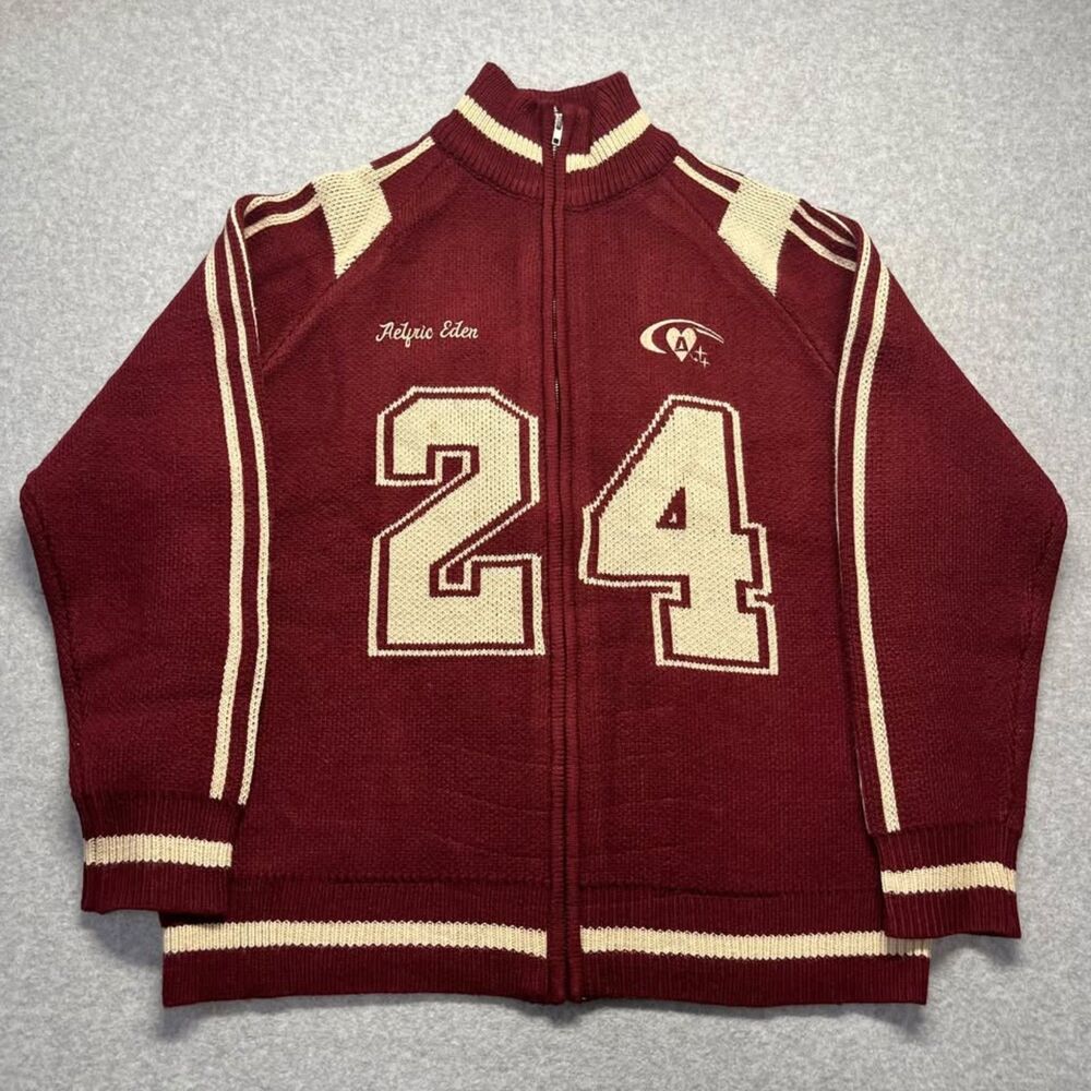 Aelfric Eden Varsity Cardigan Zip Up Small Burgundy Cream Relaxed Fit Y2K